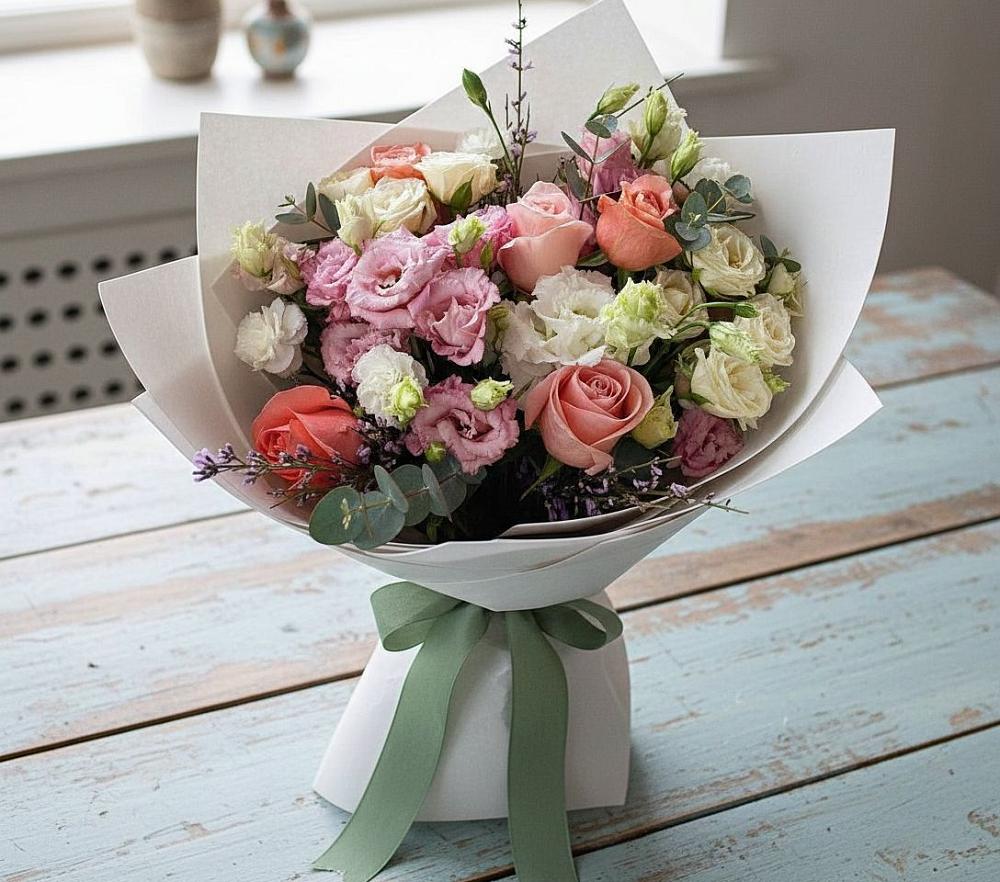 Букет цветов из: Розы, Лизиантусы и Гвоздики в Неме