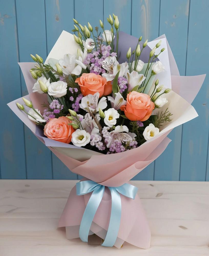 Букет цветов из: Лизиантусы, Розы, Альстромерии и Гипсофила в Неме